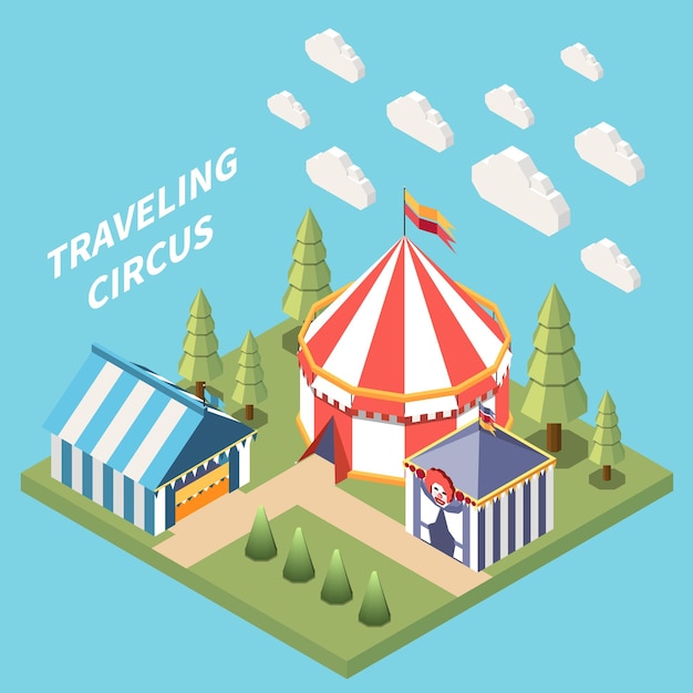 Free Vector amusement park isometric composition with isolated view of traveling circus big top with clouds and text vector illustration