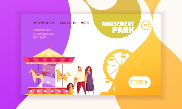 Amusement park landing page with family near carousel and ferris wheel cartoon  illustration