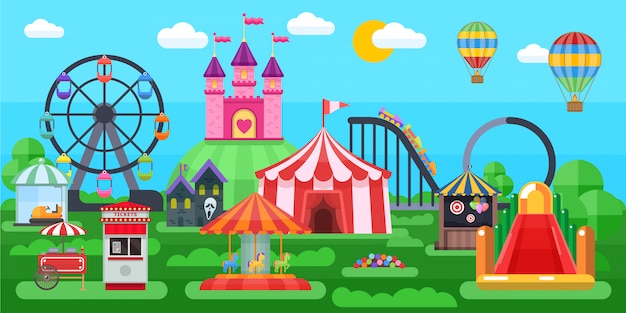 Free Vector amusement park panorama with circus tent extreme attractions inflatable slides on summer natural landscape