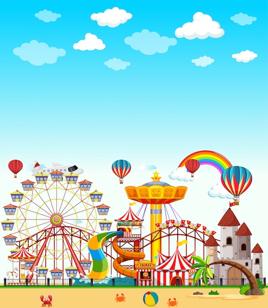 Free Vector amusement park scene at daytime with blank bright blue sky