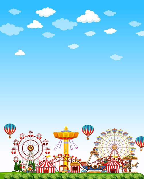 Amusement park scene at daytime with blank bright blue sky