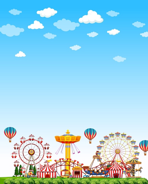 Amusement park scene at daytime with blank bright blue sky