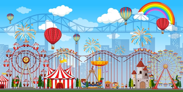 Free Vector amusement park scene at daytime with rainbow and balloons in the sky