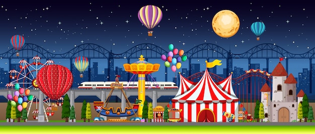 Amusement park scene at night with balloons and moon in the sky