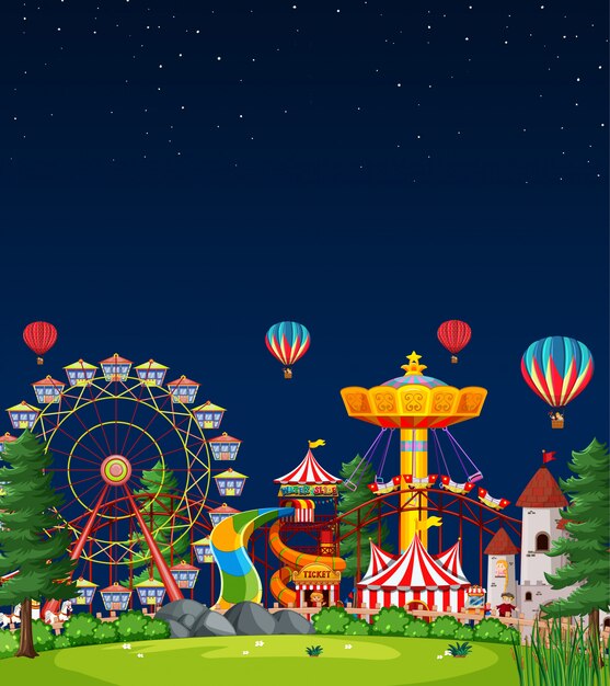 Amusement park scene at night with blank dark blue sky