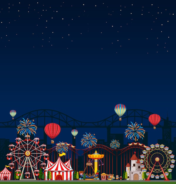 Free Vector amusement park scene at night with blank dark blue sky