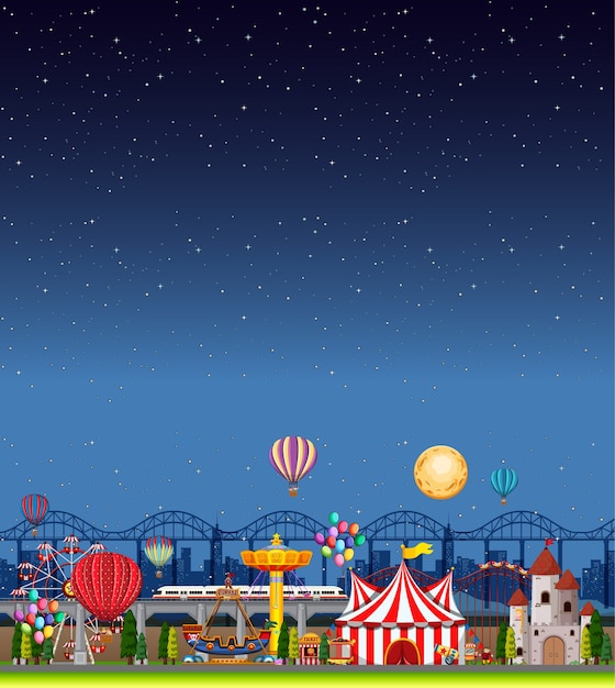 Amusement park scene at night with blank dark blue sky