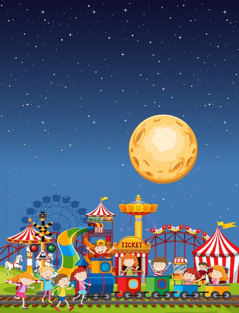 Amusement park scene at night with moon in the sky