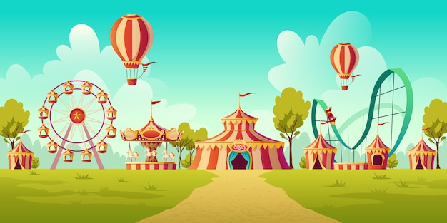 Free Vector amusement park with circus tent and carousel