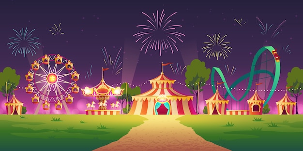 Amusement park with circus tent and fireworks