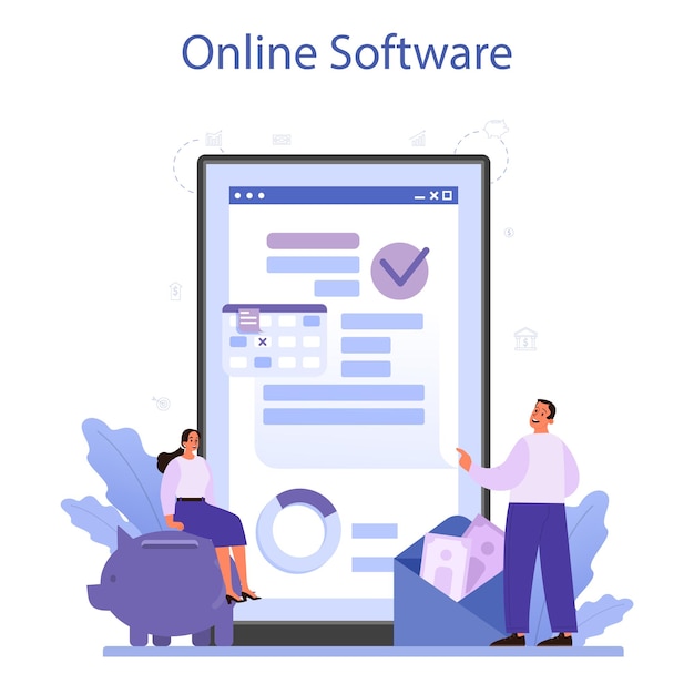 Analysis of financial activities online service or platform Business character reviewing company's financial operation Online software Flat vector illustration