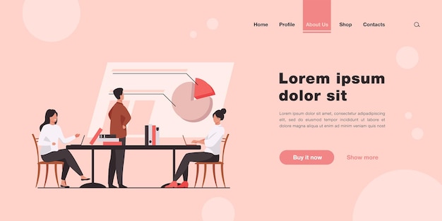Free vector analysts working together and discussing chart landing page in flat style