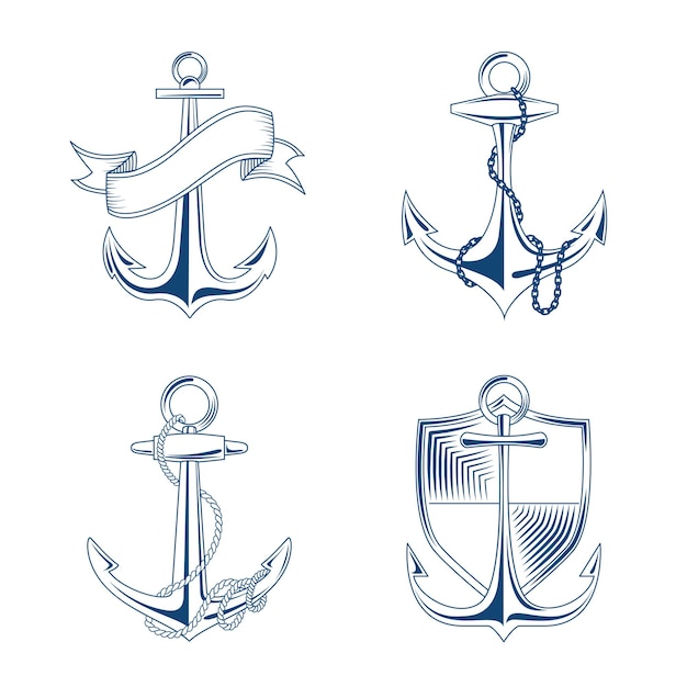 anchor with rope and chain set illustration. Emblems anchors with shield and ribbon