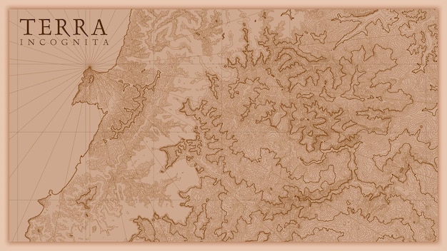 Ancient abstract earth relief old map. Generated conceptual vector elevation map of fantasy landscape.