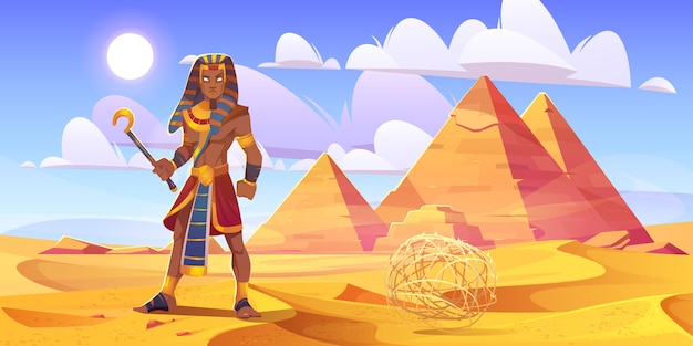 Ancient Egyptian pharaoh with rod in desert with pyramids. Vector cartoon illustration of landscape with yellow sand dunes, pharaoh tombs, figure of king of Egypt and tumbleweed