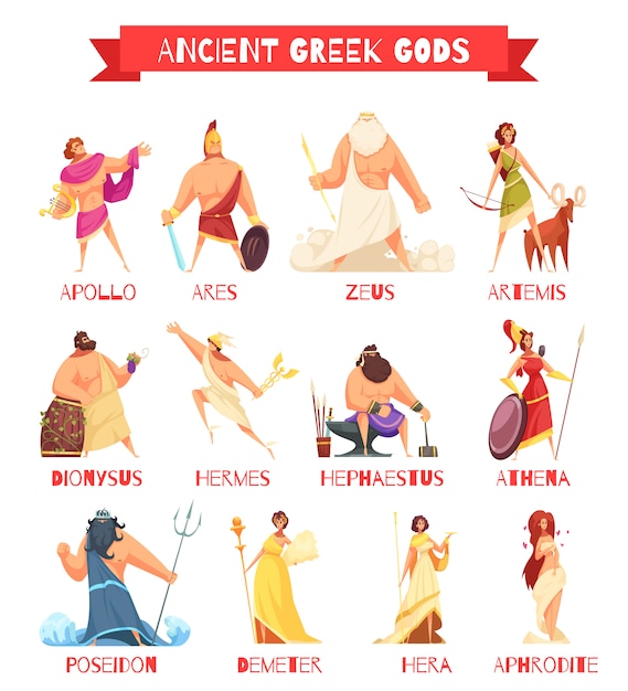 Free Vector ancient greek gods 12 strip cartoon figures set with zeus poseidon hera hermes athena isolated 