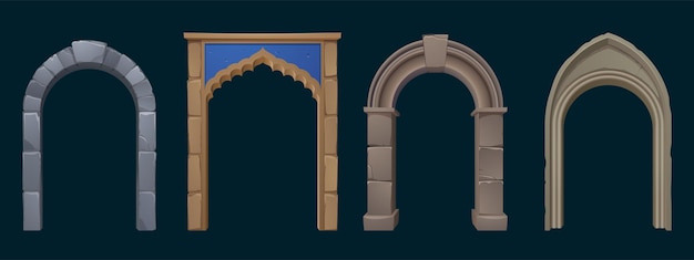 Ancient greek, roman and arabic stone arches. Vector cartoon set of old architecture elements, entrance with antique pillars and columns isolated on black background