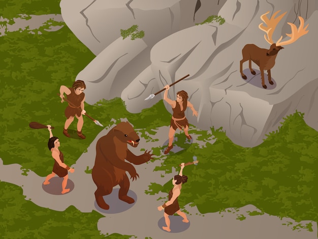 Free Vector ancient people using primitive hunting weapons