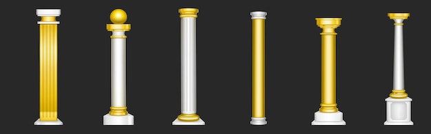 Ancient roman columns, gold and white marble architecture decor.