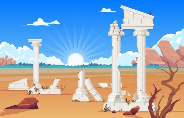 Free Vector ancient ruins of greek or roman empire historical architecture with ruined columns on dry area realistic vector illustration