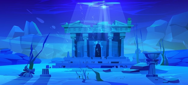 Free Vector ancient sunken greek temple on sea bottom