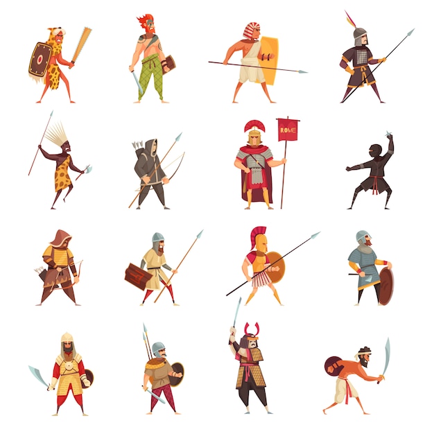 Ancient warriors icons set with weapons and equipment flat isolated