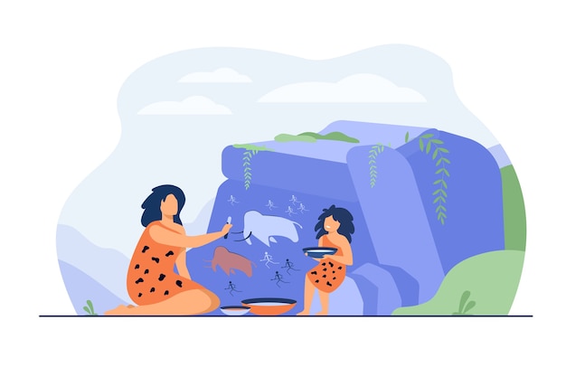 Free Vector ancient woman and kid painting on stone wall isolated flat vector illustration. cartoon prehistoric people drawing primitive animals and hunters. rock art design and family concept