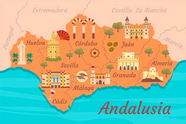 Free Vector andalusia map with landmarks