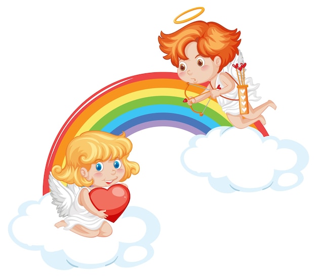 Free vector angel boy and girl on a cloud with rainbow