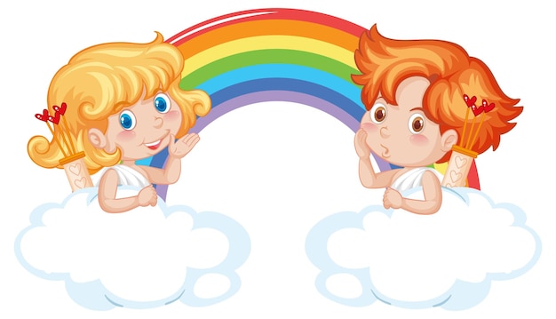 Free Vector angel boy and girl with rainbow in cartoon style