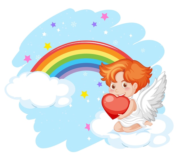 Free Vector angel boy holding a heart and sitting on the cloud with rainbow