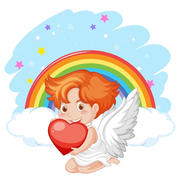 Free Vector angel boy holding a red heart on rainbow background