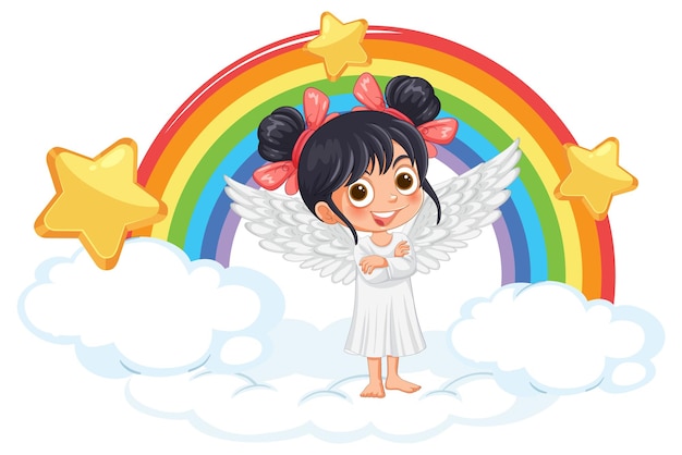 Free Vector angel girl on clouds with rainbow