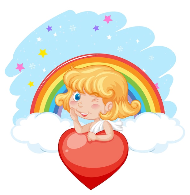 Free Vector angel girl holding red heart on rainbow background