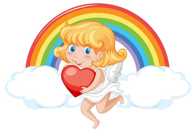 Free Vector angel girl holding red heart on rainbow background