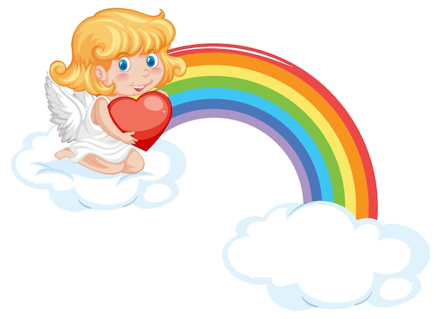 Free vector angel girl sitting on a cloud with rainbow