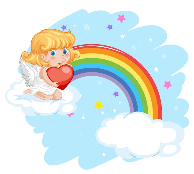 Free Vector angel girl sitting on cloud with rainbow