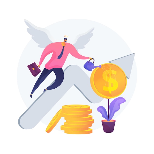 Free vector angel investor abstract concept vector illustration. startup financial support, business startup professional advice help, fundraising, online crowdfunding, investment capital abstract metaphor.