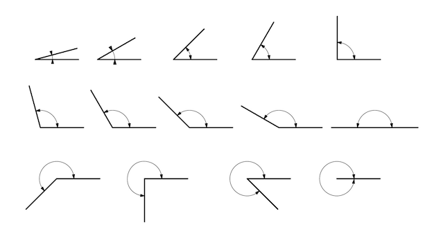 Angle different degrees. Set of vector icons consisting of angles of different degrees.