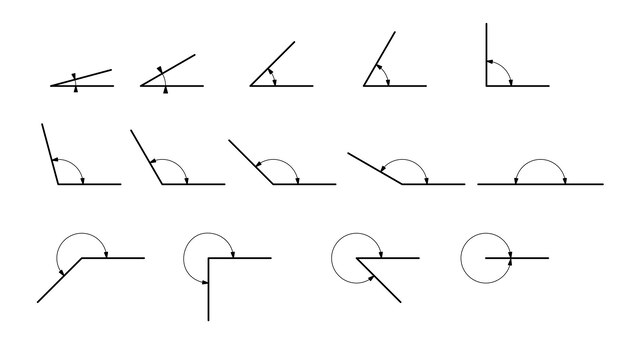 Angle different degrees. Set of vector icons consisting of angles of different degrees.