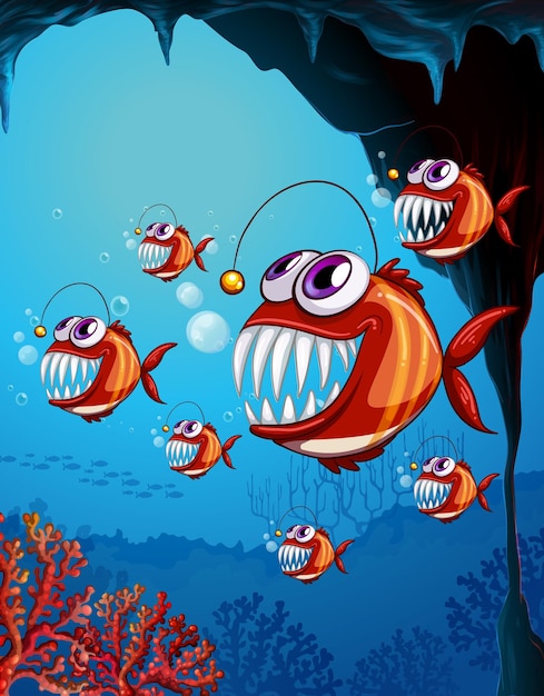 Angler fishes cartoon character in the underwater scene with corals