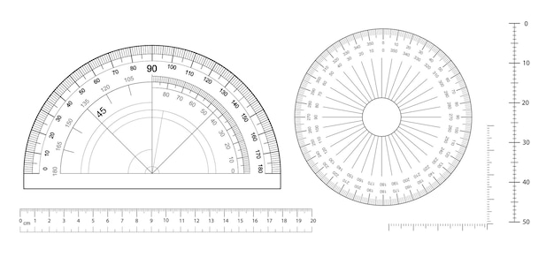 Free vector angles measuring tool set round protractors scale degrees measure metric rulers set equipment protra