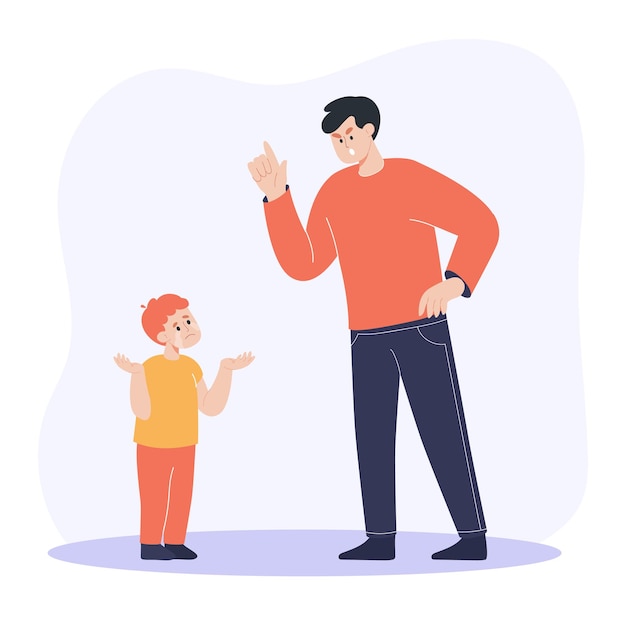 Angry father screaming at crying son flat vector illustration. Dad punishing sad kid for breaking rules or bad behavior. Parent having conflict with child. Abuse, relationship concept