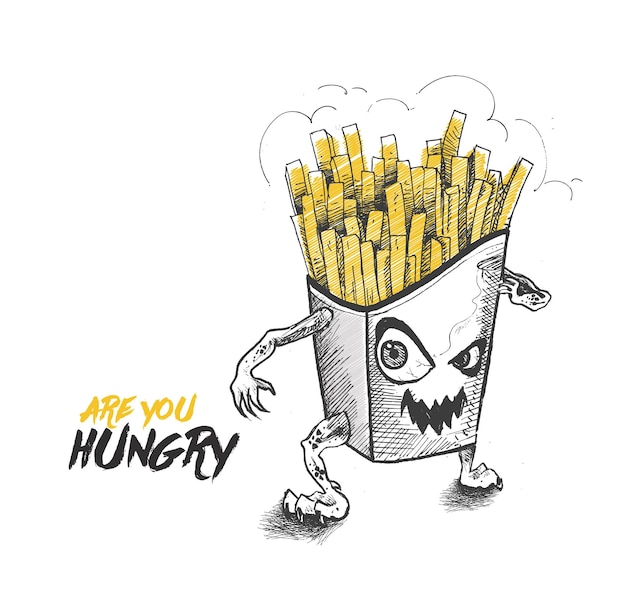 Free Vector angry french fries cartoon character for monochrome fast food ad menu card design