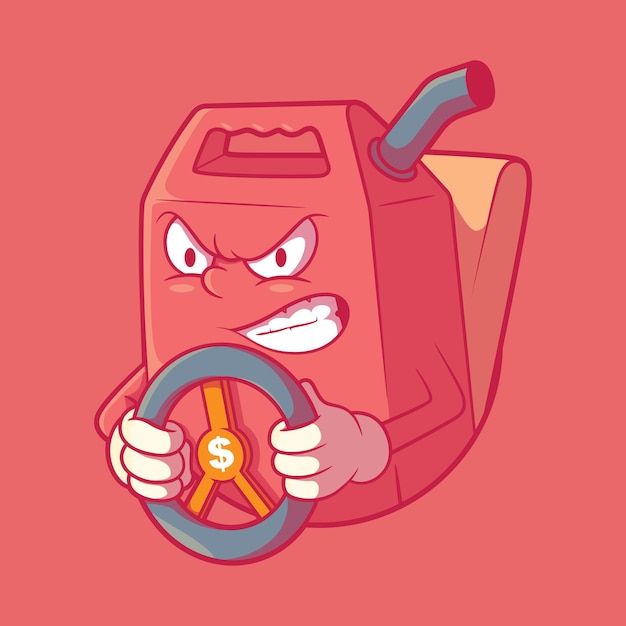 Angry Gasoline jerrycan character driving vector illustration Funny price fuel design concept