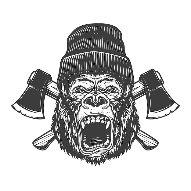 Free vector angry gorilla head in lumberjack hat