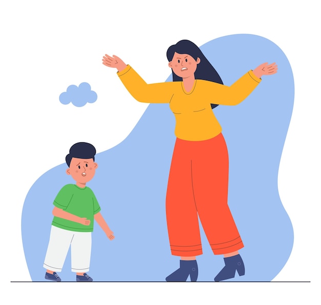 Angry mother having argument with sad son. Parent screaming at upset kid, mom reproaching child flat vector illustration. Family, conflict concept for banner, website design or landing page