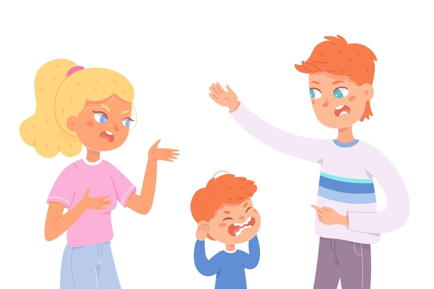 Angry people shout and quarrel during family conflict unhappy boy covering ears with hands sad kid ignoring relationship problem and anger of parents isolated on white