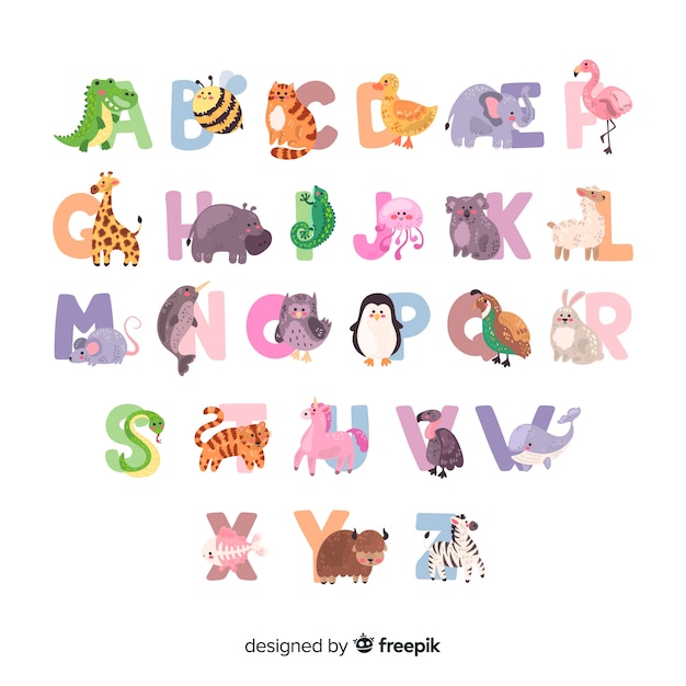 Animal alphabet with mammals and birds