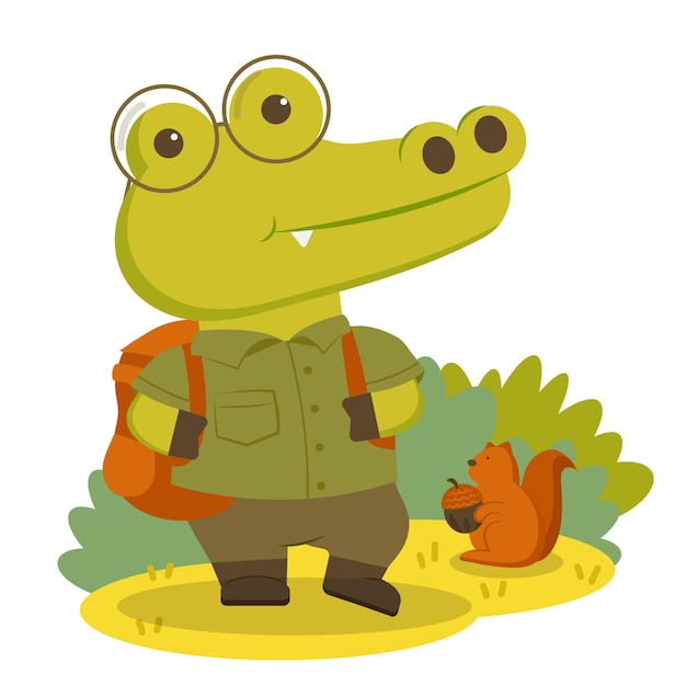 Animal character crocodile wearing hiking clothes and comfortable backpack.